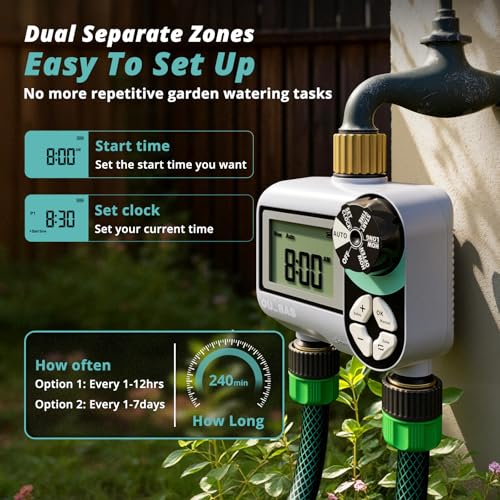 QUOBAS Brass Sprinkler Timer, Programmable Water Hose Timer for Garden Hose Faucet with Waterproof LCD Screen, Rain Delay/Manual/Automatic Irrigation Watering System for Garden, Lawn, Yard - 2 Zone - Image 2
