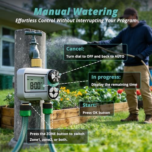QUOBAS Brass Sprinkler Timer, Programmable Water Hose Timer for Garden Hose Faucet with Waterproof LCD Screen, Rain Delay/Manual/Automatic Irrigation Watering System for Garden, Lawn, Yard - 2 Zone - Image 4