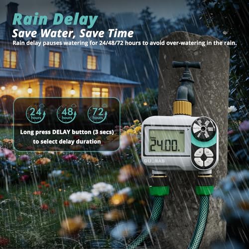 QUOBAS Brass Sprinkler Timer, Programmable Water Hose Timer for Garden Hose Faucet with Waterproof LCD Screen, Rain Delay/Manual/Automatic Irrigation Watering System for Garden, Lawn, Yard - 2 Zone - Image 5