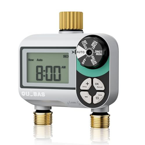 QUOBAS Brass Sprinkler Timer, Programmable Water Hose Timer for Garden Hose Faucet with Waterproof LCD Screen, Rain Delay/Manual/Automatic Irrigation Watering System for Garden, Lawn, Yard - 2 Zone - Image 1