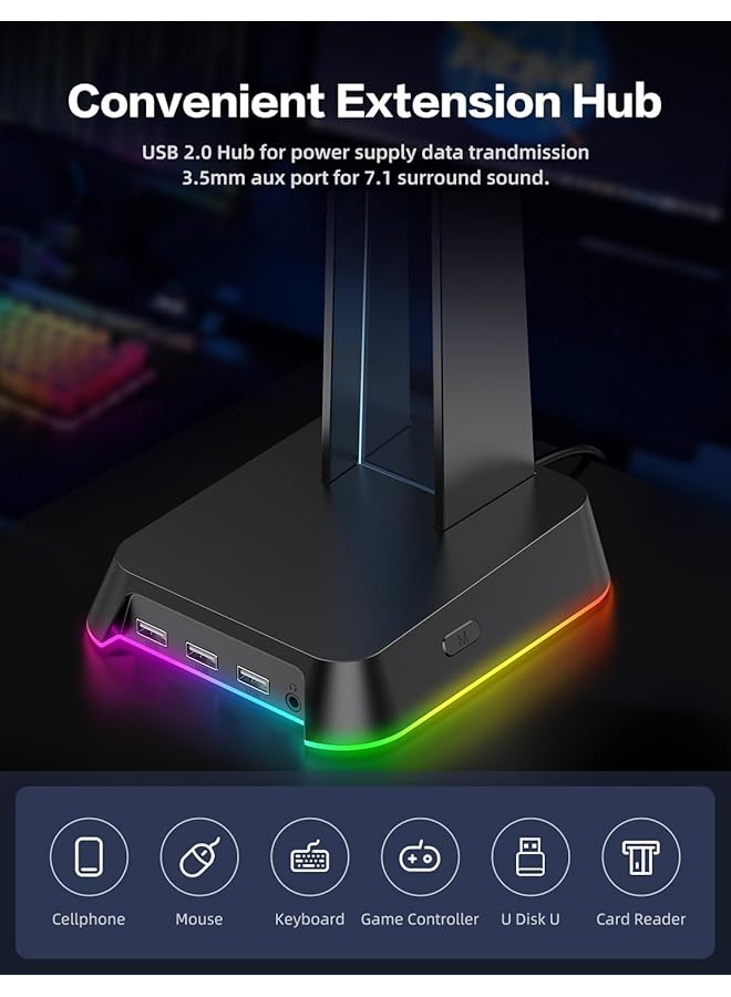 erorex Gaming Headset Stand Versatile Desktop Headset Holder With Rgb 3 Usb 2.0 Hubs & 3.5Mm Audio Jack Sturdy Rubber Anti Slip Base For All Headsets Black - Image 4