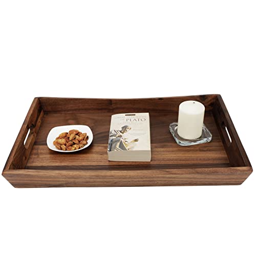 MAGIGO 22 x 14 Inches Large Rectangle Curved Black Walnut Wood Ottoman Tray with Handles, Serve Tea, Coffee, Classic Wooden Decorative Serving Tray - Image 5