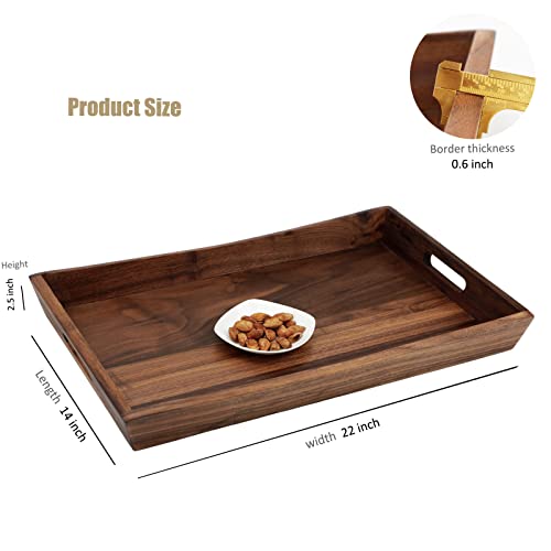 MAGIGO 22 x 14 Inches Large Rectangle Curved Black Walnut Wood Ottoman Tray with Handles, Serve Tea, Coffee, Classic Wooden Decorative Serving Tray - Image 2