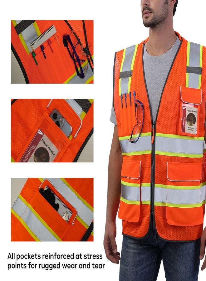 Neopelta Reflective Safety Vest Orange Mesh, High Visibility Vest with Pockets and Zipper, Padded Neck, Construction Work Vest ANSI Class 2, Orange with Yellow Trim XL - Image 5