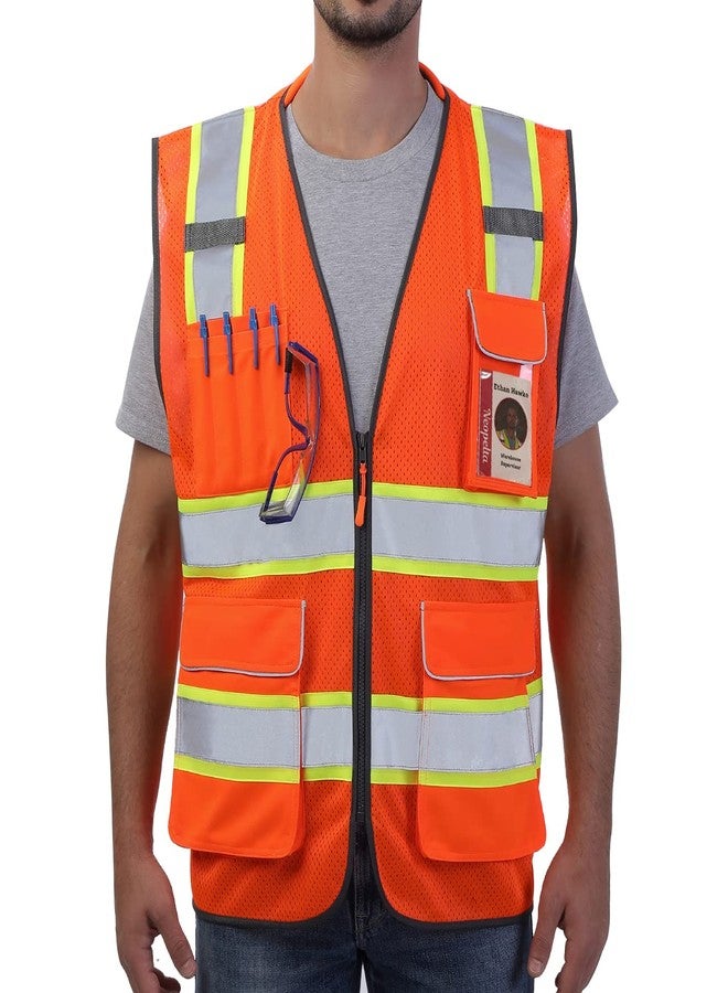 Neopelta Reflective Safety Vest Orange Mesh, High Visibility Vest with Pockets and Zipper, Padded Neck, Construction Work Vest ANSI Class 2, Orange with Yellow Trim XL - Image 1