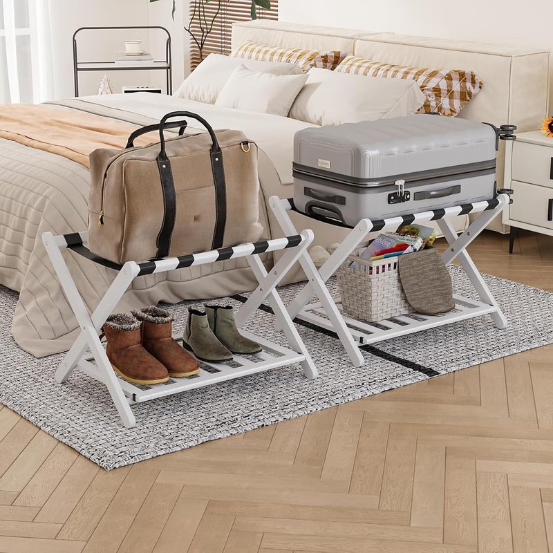 Smart FENDEE 2 Packs Fully Assembled White Luggage Racks with Shoe Shelf Folding Suitcase Stand with 5 Straps Wooden Luggage Stand Ideal for Guest Room Bedroom Hotel