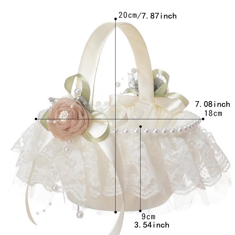 Yuudar 2PCS Wedding Flower Girl Baskets,Cute Handle Flower Girl Basket White Flower Basket for Wedding Decoration (Polyester) - Image 2