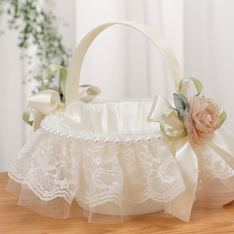 Yuudar 2PCS Wedding Flower Girl Baskets,Cute Handle Flower Girl Basket White Flower Basket for Wedding Decoration (Polyester) - Image 3