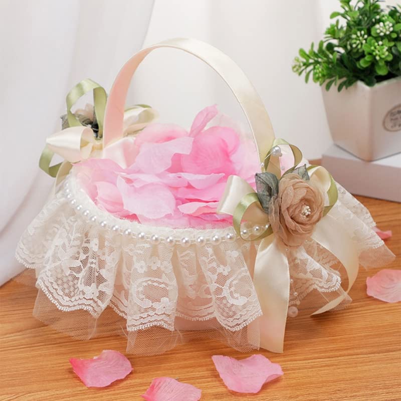 Yuudar 2PCS Wedding Flower Girl Baskets,Cute Handle Flower Girl Basket White Flower Basket for Wedding Decoration (Polyester) - Image 5