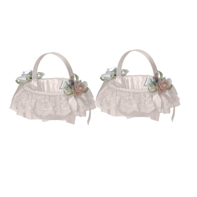 Yuudar 2PCS Wedding Flower Girl Baskets,Cute Handle Flower Girl Basket White Flower Basket for Wedding Decoration (Polyester) - Image 1