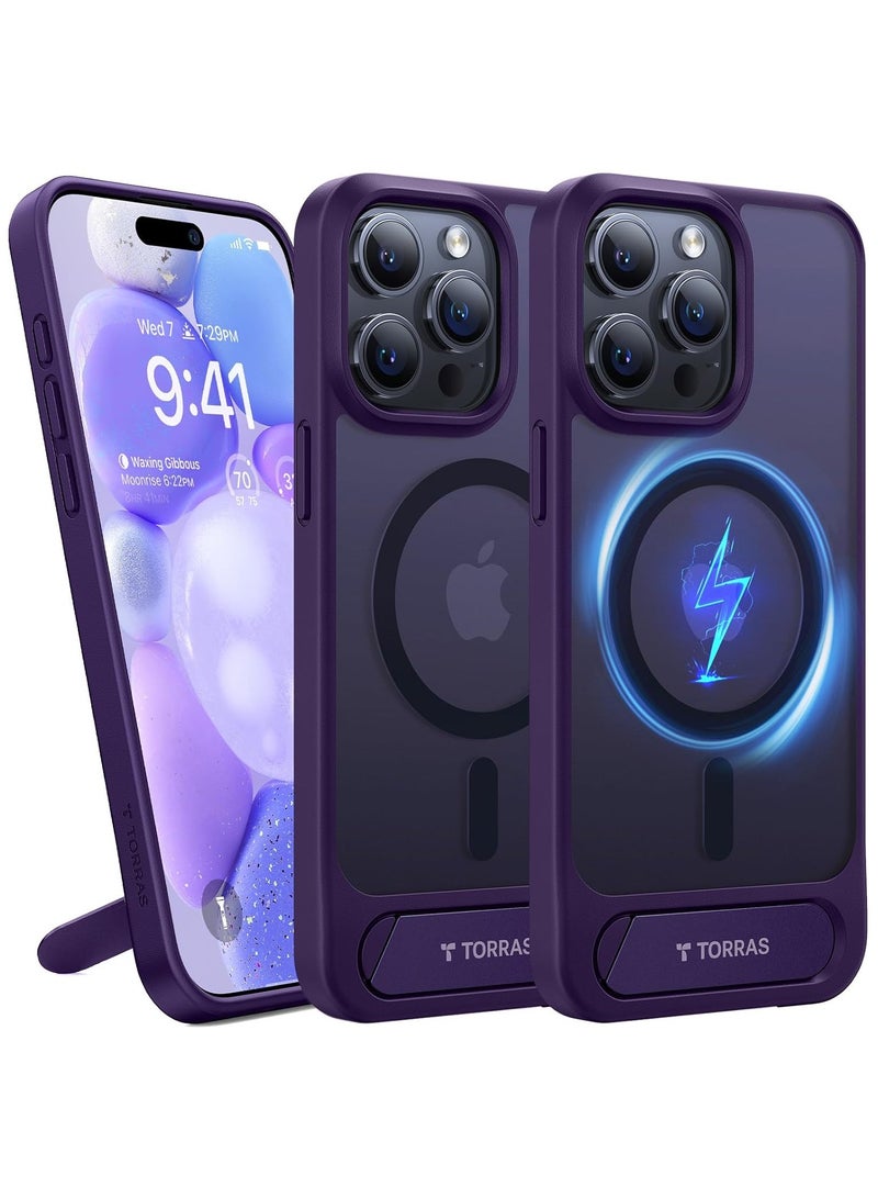 TORRAS Upgraded Magnetic & Stand for iPhone 15 Pro Case [Mil-Grade Drop Tested] [Compatible with MagSafe] Slim Thin Light Frosted Case for iPhone 15Pro Case Professional (6.1"),Purple Deep Purple - Image 2