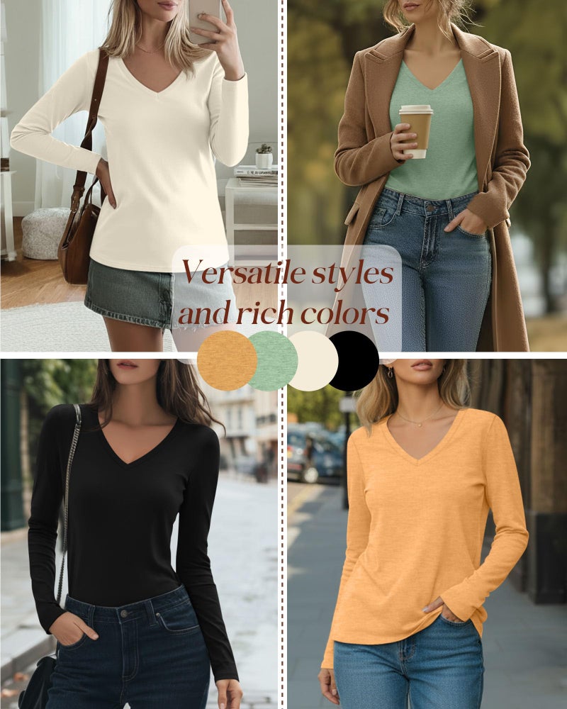 Huukeay 4 Pack Women's V Neck Long Sleeve T Shirts Basic Tops Casual Fall Loose Fit Blouse Tee Clothes Fashionable Outfits(Pumpkin, Bean Green, Cream, Black,Medium) - Image 2