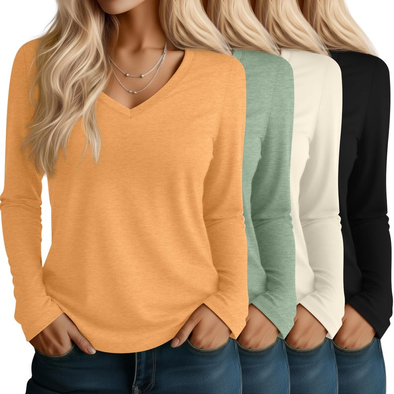 Huukeay 4 Pack Women's V Neck Long Sleeve T Shirts Basic Tops Casual Fall Loose Fit Blouse Tee Clothes Fashionable Outfits(Pumpkin, Bean Green, Cream, Black,Medium) - Image 1