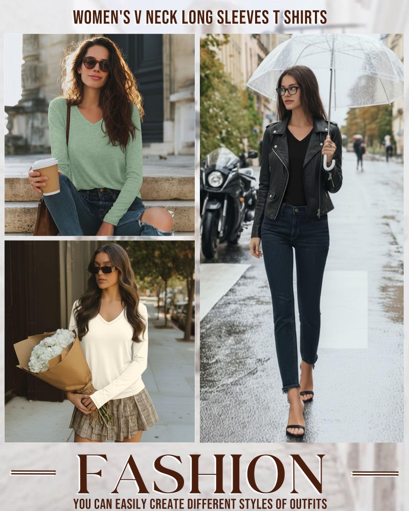 Huukeay 4 Pack Women's V Neck Long Sleeve T Shirts Basic Tops Casual Fall Loose Fit Blouse Tee Clothes Fashionable Outfits(Pumpkin, Bean Green, Cream, Black,Medium) - Image 3