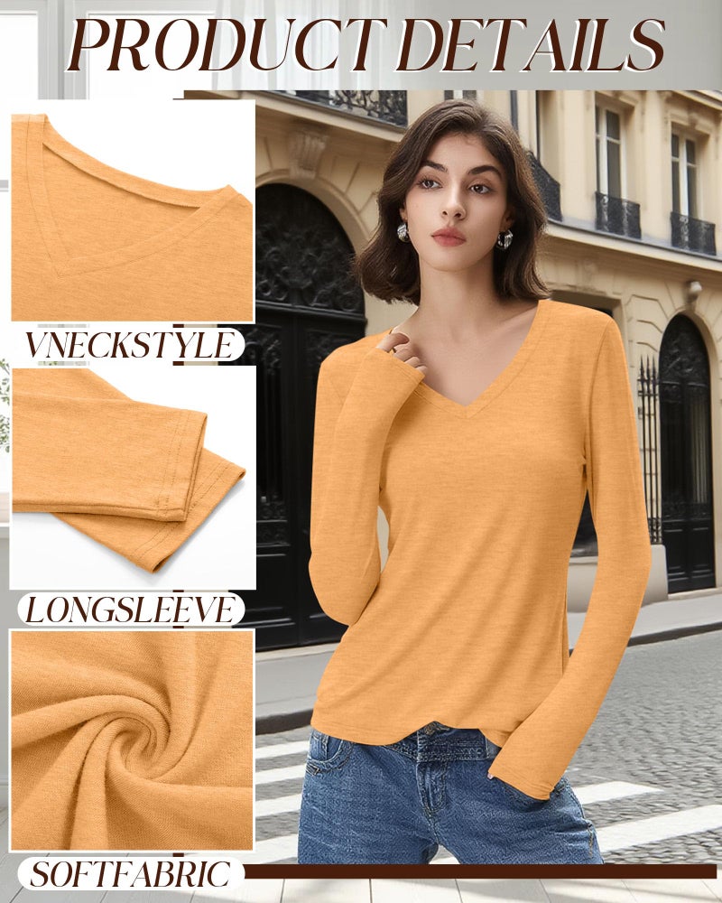 Huukeay 4 Pack Women's V Neck Long Sleeve T Shirts Basic Tops Casual Fall Loose Fit Blouse Tee Clothes Fashionable Outfits(Pumpkin, Bean Green, Cream, Black,Medium) - Image 4