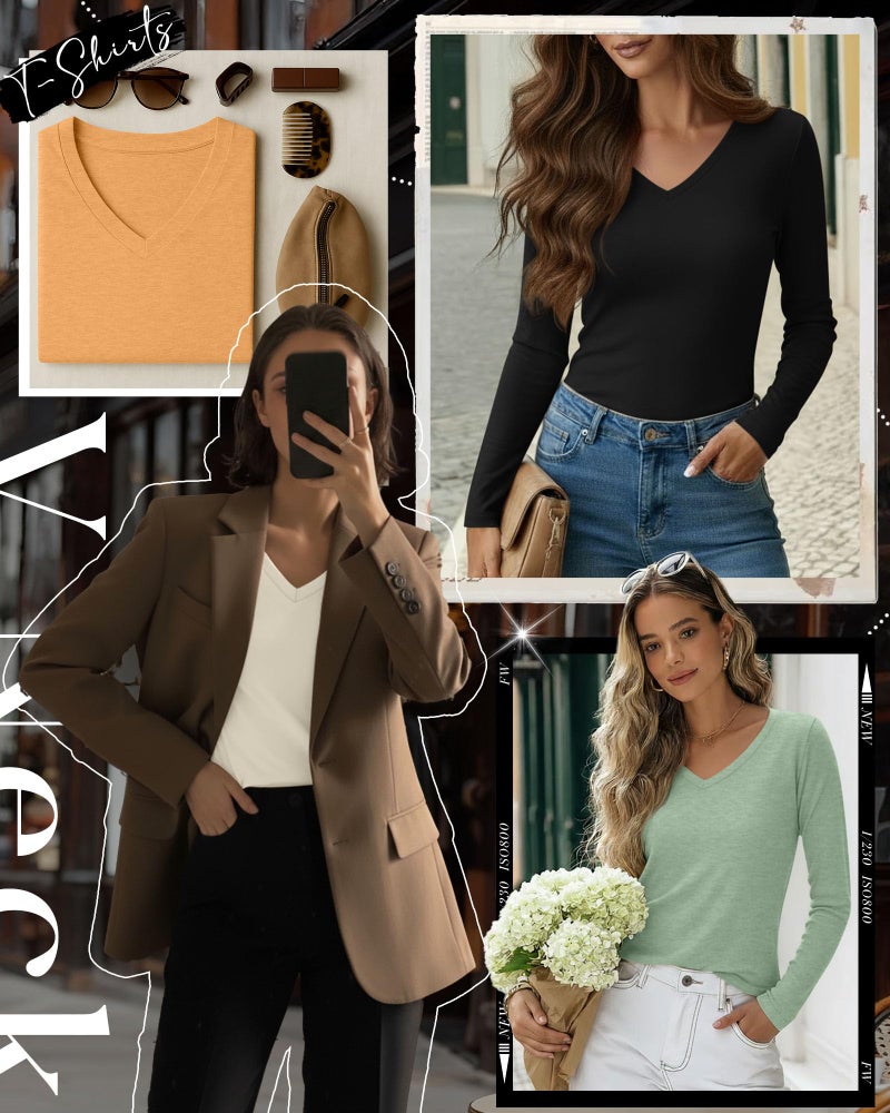 Huukeay 4 Pack Women's V Neck Long Sleeve T Shirts Basic Tops Casual Fall Loose Fit Blouse Tee Clothes Fashionable Outfits(Pumpkin, Bean Green, Cream, Black,Medium) - Image 5