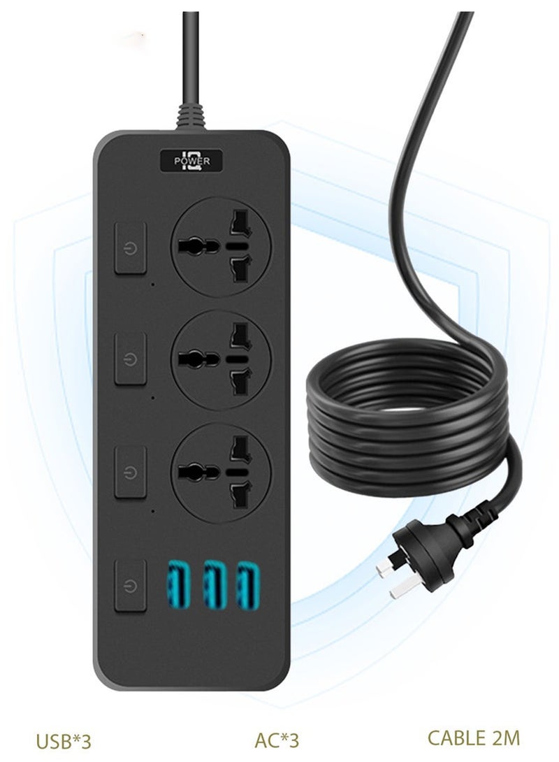 Bukela Power Strip  Contact with 3 traditional sockets Multiple USB Plug Socket For Phone Charging 2m Extension Cable - Image 1