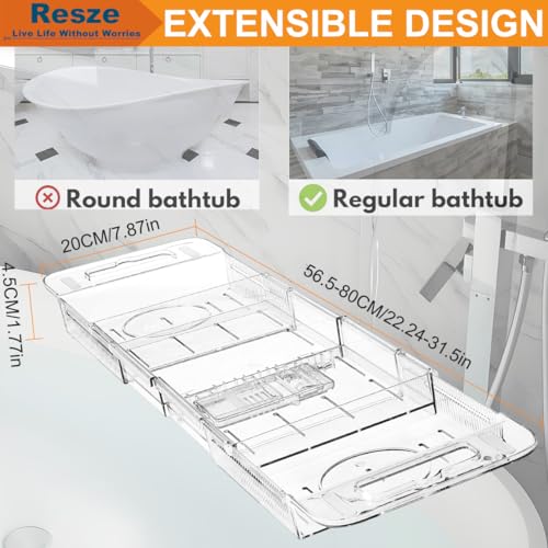 Resze Premium Clear Bathtub Caddy Tray, Expandable Plastic Bath Tray with BPA-Free, Waterproof Foldable Bathtub Shelf, Perfect for a New Home & Mother’s Day & a Birthday Gift for Mom - Image 2
