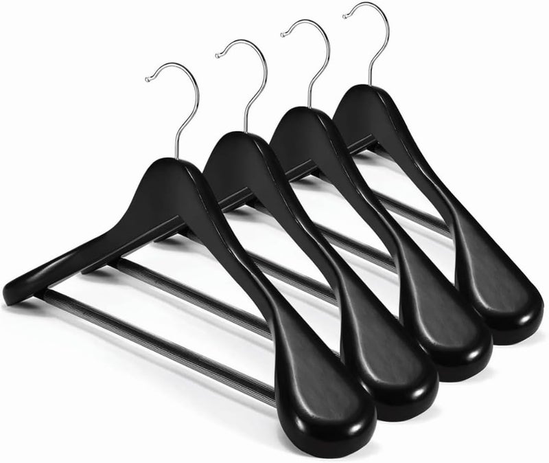 HOUSE DAY 4-Pack High-Grade Suit Hangers, Black Wide Shoulder Wooden Hangers with Non Slip Pants Bar,Smooth Finish 360°Swivel Hook Solid Wood Coat Hangers for Dress, Jacket, Heavy Clothes Hanger All space matching look - Image 1