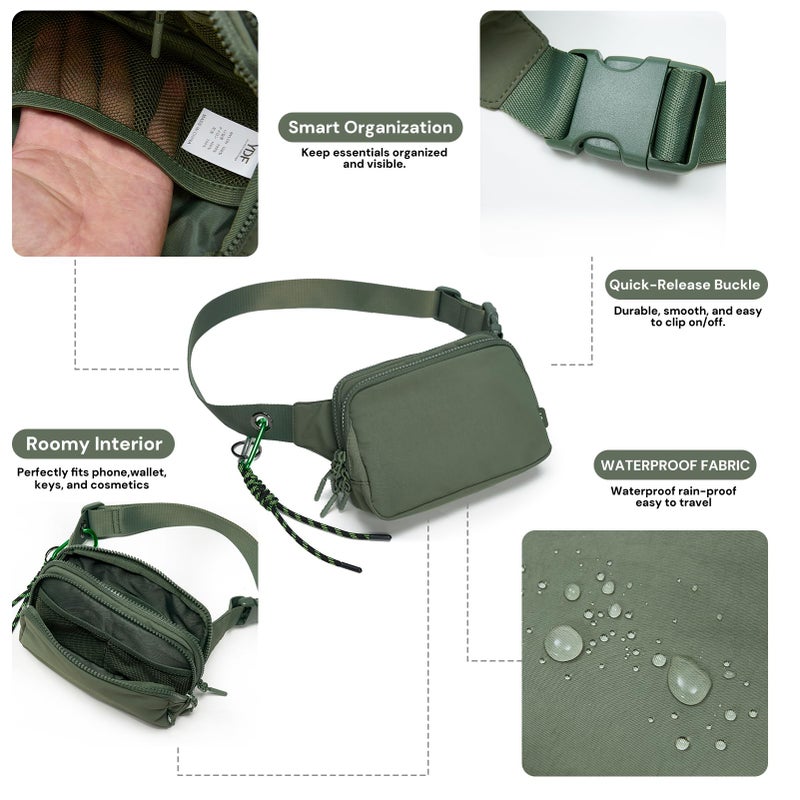 YDF Belt Bag for Women, Cute Crossbody Fanny Packs with Adjustable Strap & Key Clip, Water Resistant Nylon Sling Bag Purse for Festival Gym Summer Outfits (Sage Green) - Image 4