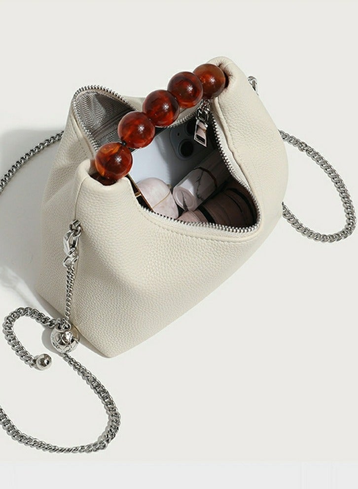 Loquat Ladies' Cute Beaded Handbag Single Shoulder Crossbody Bag Cream White - Image 5