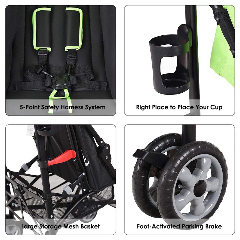 BABY JOY Lightweight  Compact Travel Stroller Infant to Toddler Adjustable Backrest  Canopy Cup Holder Storage Basket 5Point Harness Easy Fold Green - Image 5