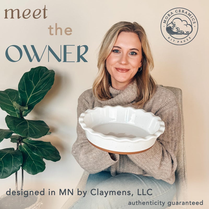MORA CERAMICS HIT PAUSE Mora Ceramic Deep Fluted Pie Dish for Baking - 9 inch Porcelain Pie Plate for Apple, Quiche, Pot Pies, Tart, etc. - Modern Farmhouse Style - Vanilla White - Image 3