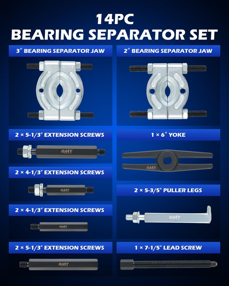 Orion Motor Tech Bearing Puller Set, 5 Ton Capacity Bearing Separator, Pinion Wheel Bearing Removal Kit with 2" and 3" Jaws, Wheel Hub Axle Puller Set, Heavy Duty Bearing Splitter Tool Kit - Image 2