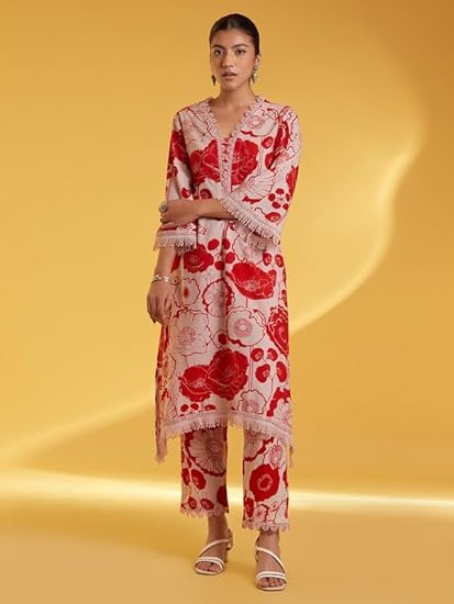 LookMark Women's Printed Cotton Blend Straight Kurta Pant Set with Lace - Comfortable Ethnic Wear for Women, Elegant Design, Suitable for Various Occasions (AZ-LM-OG-KS2118 RED-M) - Image 2