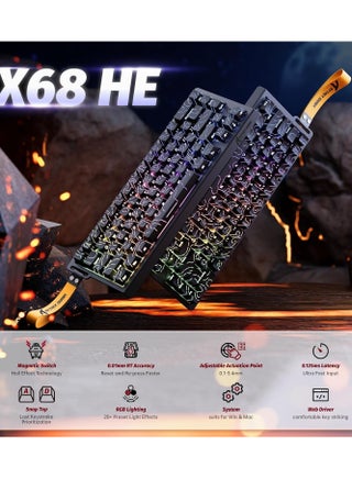 لوحة مفاتيح ميكانيكية للألعاب X68 HE Rapid Trigger 60% سلكية مع تشغيل قابل للتعديل، مفتاح مغناطيسي بتأثير هول، معدل استطلاع 8 كيلو هرتز، إضاءة خلفية RGB، تثبيت علوي، غطاء مفتاح مطبوع جانبي (محيط أسود) - view 2