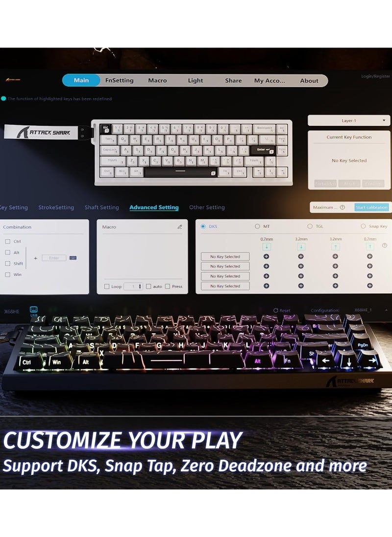 هجوم القرش - لوحة مفاتيح ميكانيكية للألعاب X68 HE Rapid Trigger 60% سلكية مع تشغيل قابل للتعديل، مفتاح مغناطيسي بتأثير هول، معدل استطلاع 8 كيلو هرتز، إضاءة خلفية RGB، تثبيت علوي، غطاء مفتاح مطبوع جانبي (محيط أسود) - Image 1
