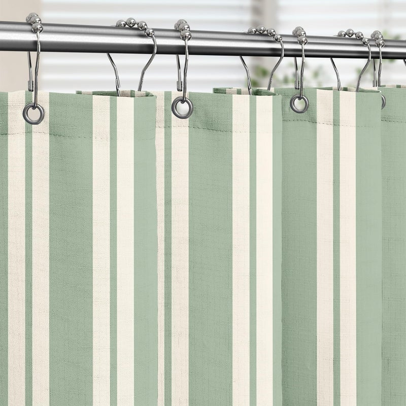 Tititex Cute Candy Cane Striped 140gsm Faux Linen Fabric Shower Curtain, Elegant Classic Sage Green Beige Shower Curtain Sets Decoration 72x72 Inch with Hooks - Image 3
