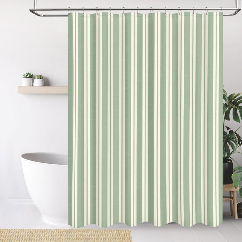 Tititex Cute Candy Cane Striped 140gsm Faux Linen Fabric Shower Curtain, Elegant Classic Sage Green Beige Shower Curtain Sets Decoration 72x72 Inch with Hooks - Image 2