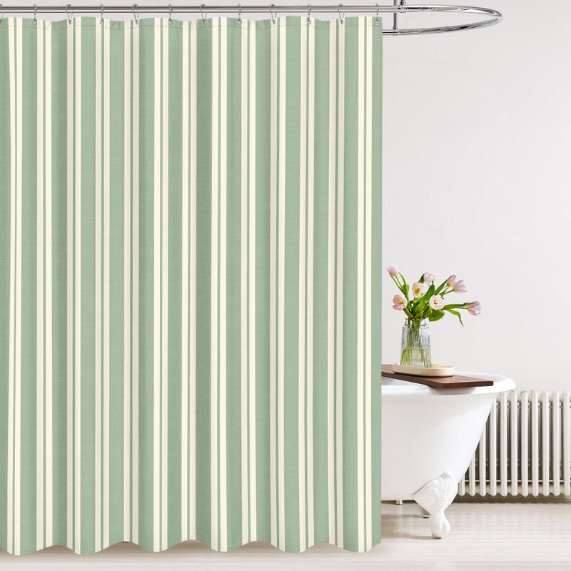 Tititex Cute Candy Cane Striped 140gsm Faux Linen Fabric Shower Curtain, Elegant Classic Sage Green Beige Shower Curtain Sets Decoration 72x72 Inch with Hooks - Image 1