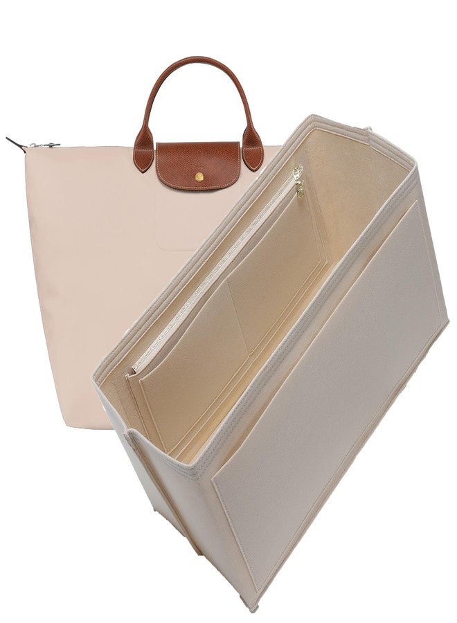 OAikor Felt Purse Organizer Insert for Long Champ Travel L,Longchamp-Le Pliage Large Travel Tote Bag Organizer Insert with Zipper Pocket and Cup Holder,9 Compartments,Beige - Image 1