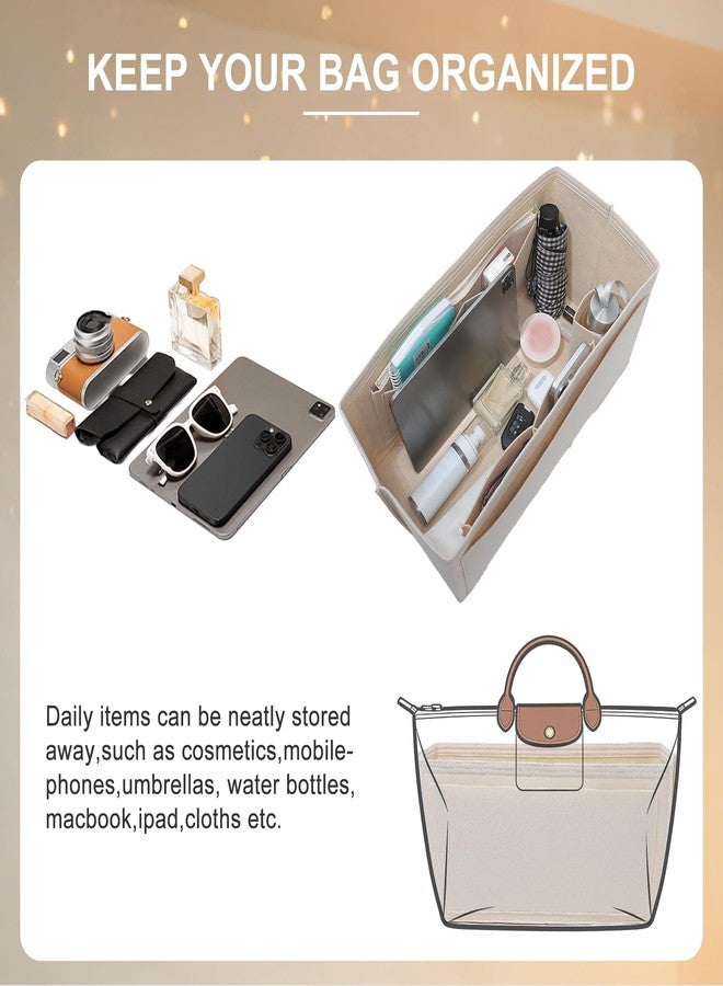 OAikor Felt Purse Organizer Insert for Long Champ Travel L,Longchamp-Le Pliage Large Travel Tote Bag Organizer Insert with Zipper Pocket and Cup Holder,9 Compartments,Beige - Image 4
