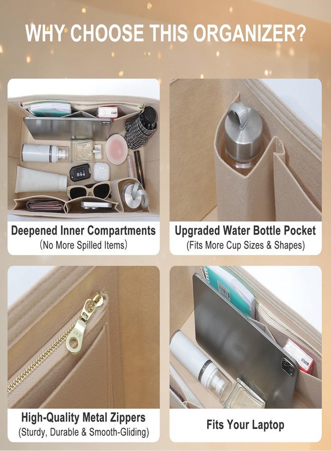OAikor Felt Purse Organizer Insert for Long Champ Travel L,Longchamp-Le Pliage Large Travel Tote Bag Organizer Insert with Zipper Pocket and Cup Holder,9 Compartments,Beige - Image 5