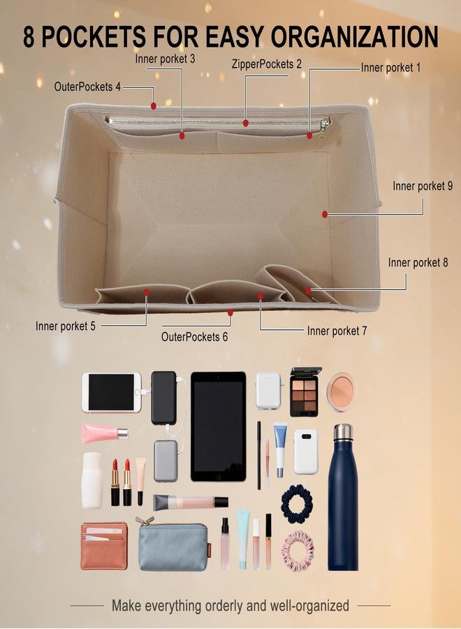 OAikor Felt Purse Organizer Insert for Long Champ Travel L,Longchamp-Le Pliage Large Travel Tote Bag Organizer Insert with Zipper Pocket and Cup Holder,9 Compartments,Beige - Image 3