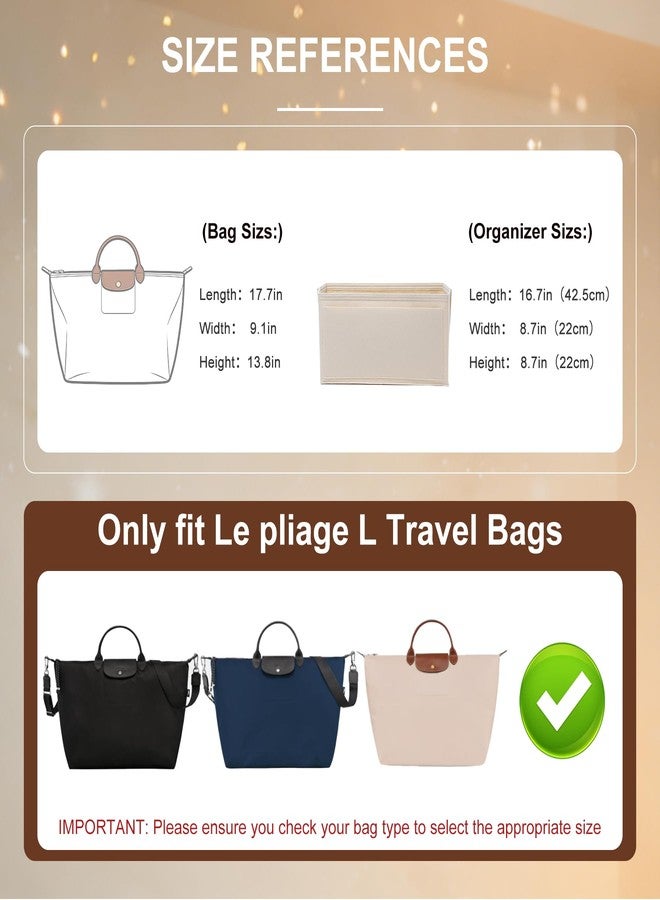 OAikor Felt Purse Organizer Insert for Long Champ Travel L,Longchamp-Le Pliage Large Travel Tote Bag Organizer Insert with Zipper Pocket and Cup Holder,9 Compartments,Beige - Image 2