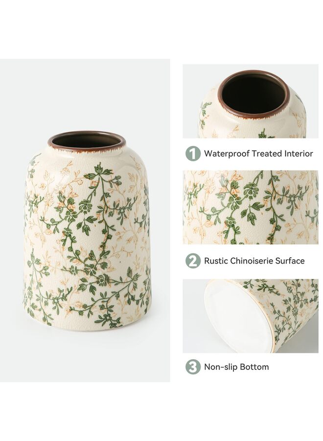 يُسلِّم مزهرية عتيقة خضراء وبيج، مزهريات سيراميك ريفية كبيرة للديكورات المنزلية، ديكور غرفة المعيشة، 7.8 بوصة - Image 2