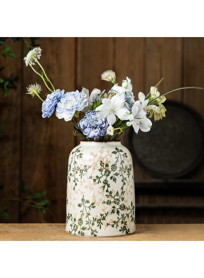 يُسلِّم مزهرية عتيقة خضراء وبيج، مزهريات سيراميك ريفية كبيرة للديكورات المنزلية، ديكور غرفة المعيشة، 7.8 بوصة - Image 1