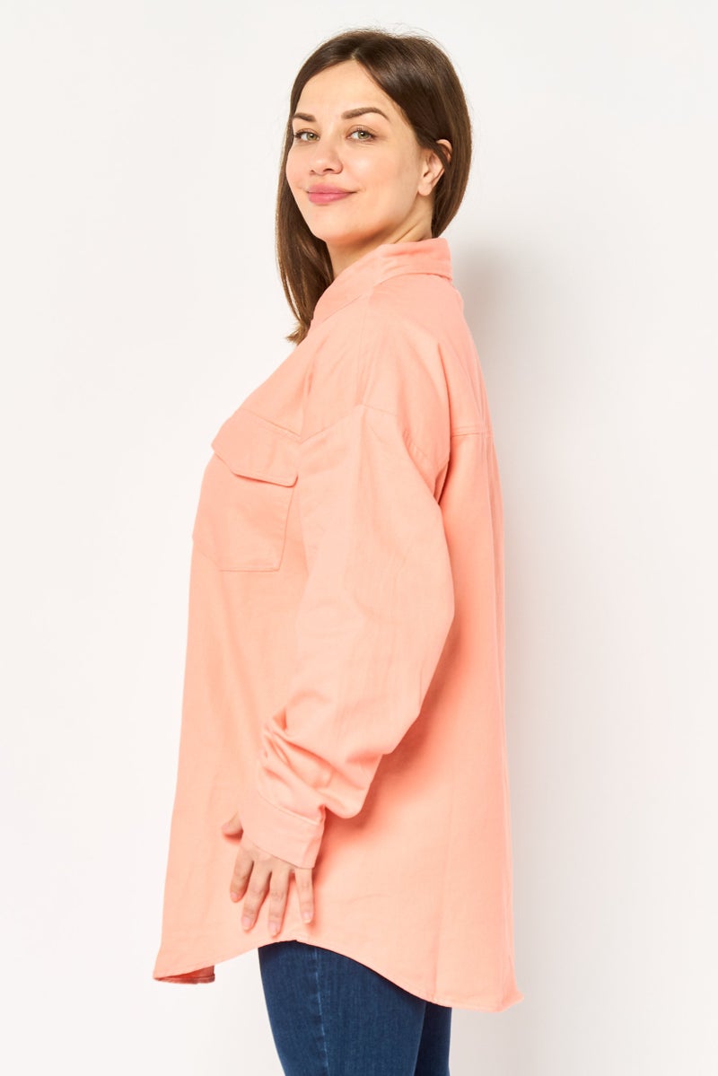 bebe Women Plain Denim Jacket Shirt, Light Orange - Image 3