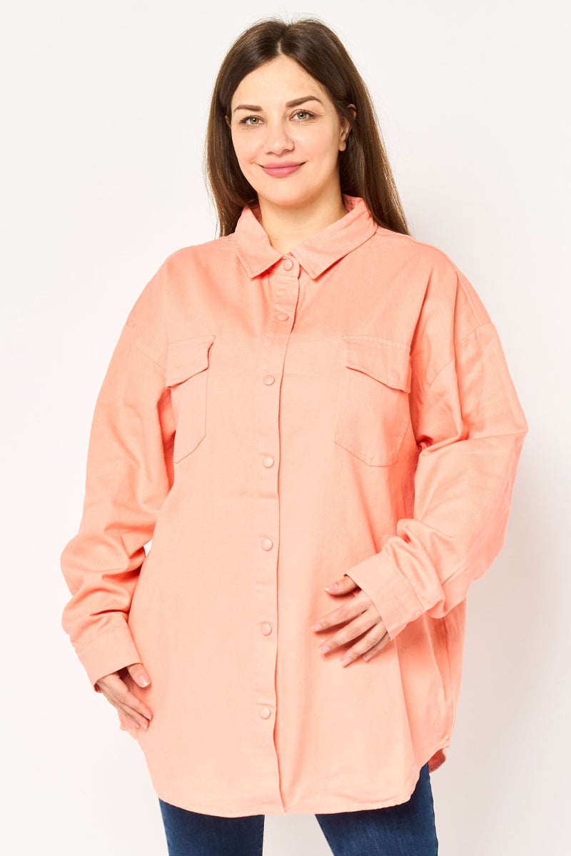 bebe Women Plain Denim Jacket Shirt, Light Orange - Image 1