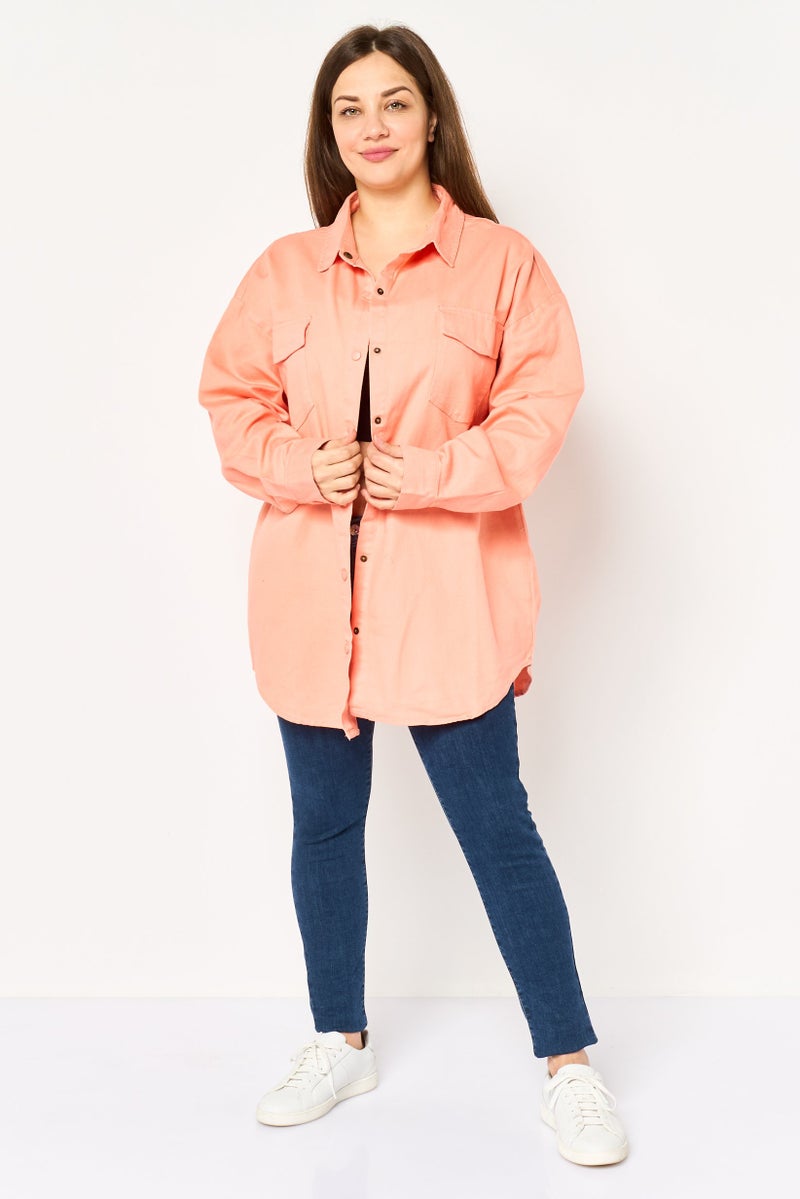 bebe Women Plain Denim Jacket Shirt, Light Orange - Image 2