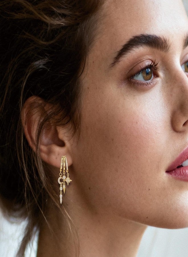 Medsor Gold Dangle Earrings for Women 14k Gold Plated Moon and Star Earrings Triple Huggie Hoop Earrings for Women Dainty Trendy Stud Jewelry - Image 2