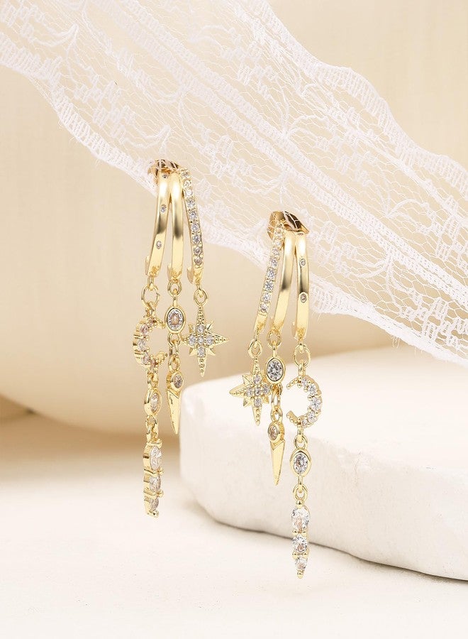 Medsor Gold Dangle Earrings for Women 14k Gold Plated Moon and Star Earrings Triple Huggie Hoop Earrings for Women Dainty Trendy Stud Jewelry - Image 4