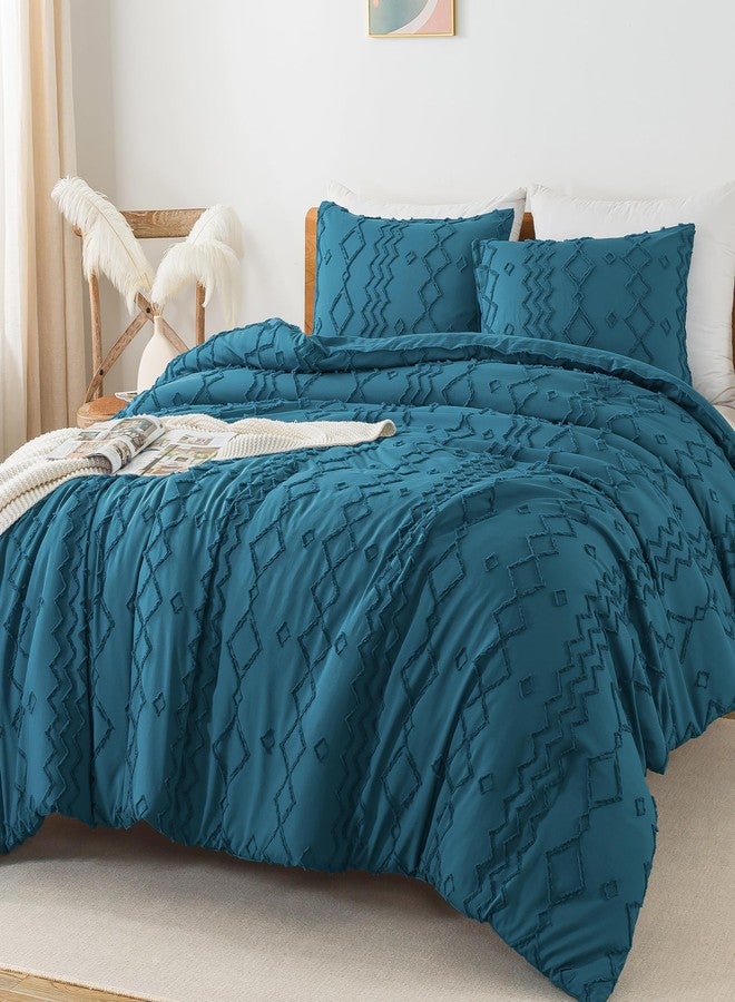Andency Teal Tufted Comforter Set Queen(90x90Inch), 3 Pieces(1 Boho Comforter, 2 Pillowcases) Textured Farmhouse Bed, Soft Microfiber Down Alternative Geometric Bedding Set - Image 3