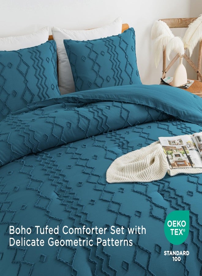Andency Teal Tufted Comforter Set Queen(90x90Inch), 3 Pieces(1 Boho Comforter, 2 Pillowcases) Textured Farmhouse Bed, Soft Microfiber Down Alternative Geometric Bedding Set - Image 4