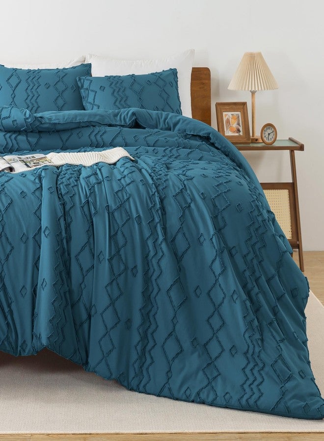 Andency Teal Tufted Comforter Set Queen(90x90Inch), 3 Pieces(1 Boho Comforter, 2 Pillowcases) Textured Farmhouse Bed, Soft Microfiber Down Alternative Geometric Bedding Set - Image 2