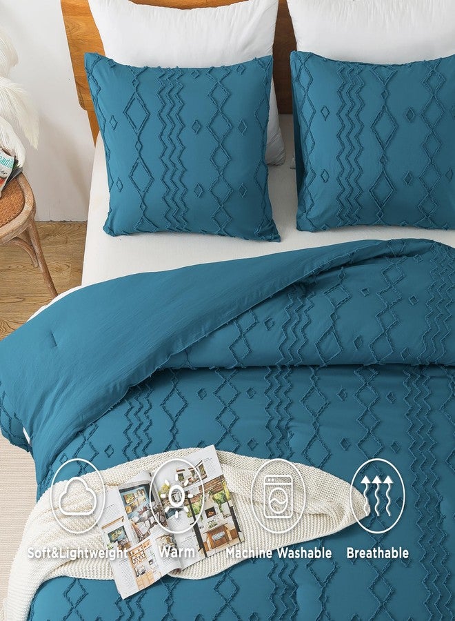 Andency Teal Tufted Comforter Set Queen(90x90Inch), 3 Pieces(1 Boho Comforter, 2 Pillowcases) Textured Farmhouse Bed, Soft Microfiber Down Alternative Geometric Bedding Set - Image 5